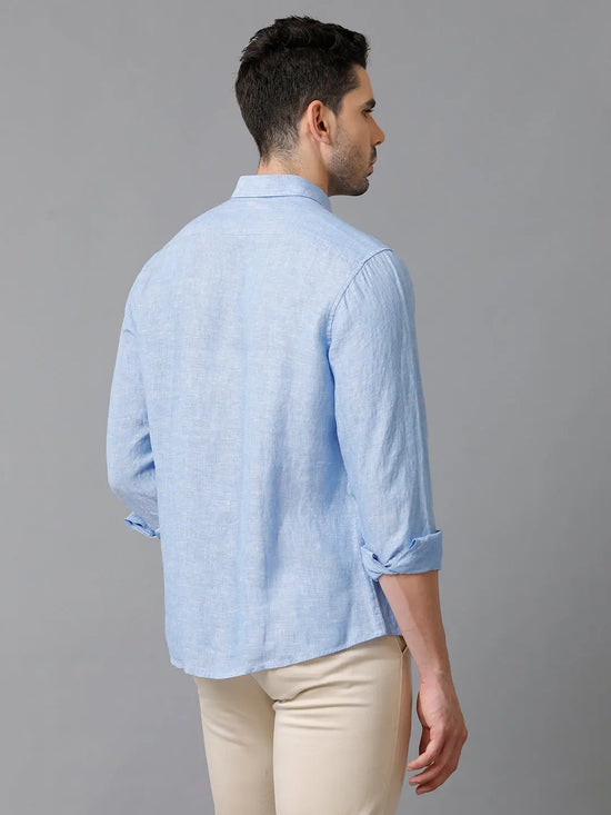 Mens Regular Fit Solid Blue Casual Linen Shirt-LEVON- M