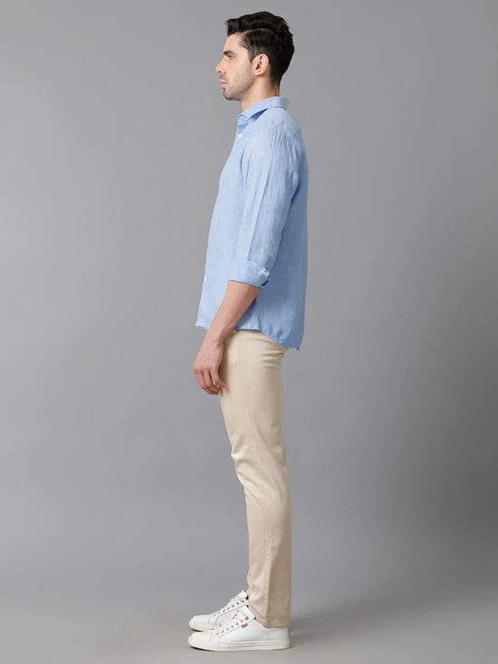 Mens Regular Fit Solid Blue Casual Linen Shirt-LEVON- M