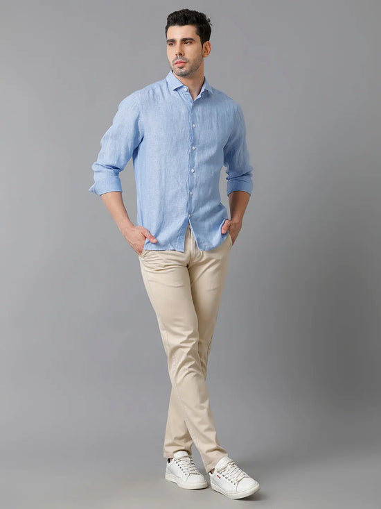 Mens Regular Fit Solid Blue Casual Linen Shirt-LEVON- M