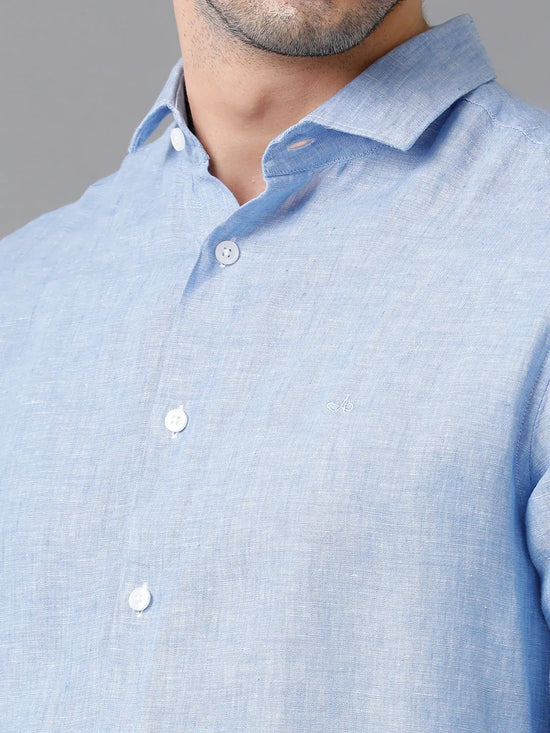 Mens Regular Fit Solid Blue Casual Linen Shirt-LEVON- M