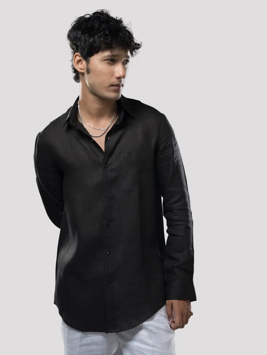 Black Full Sleeves Relaxed Fit 100% Hemp Men's Shirt