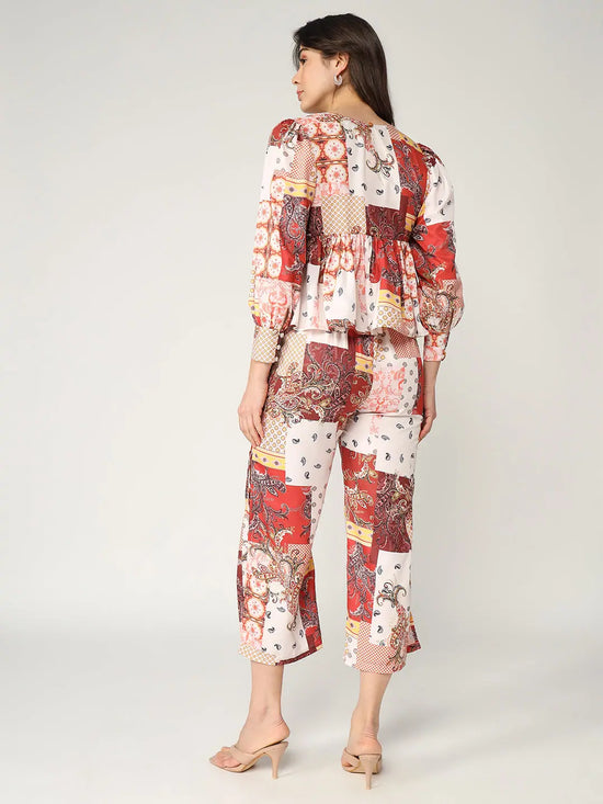 Abstract Printed Peplum Top With Matching Pant Set