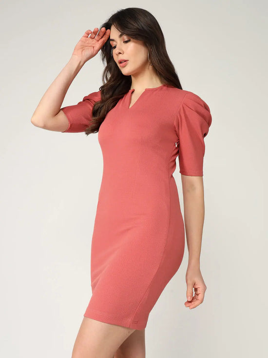 Solid Leg 'O' Mutton Sleeves Fitted Dress