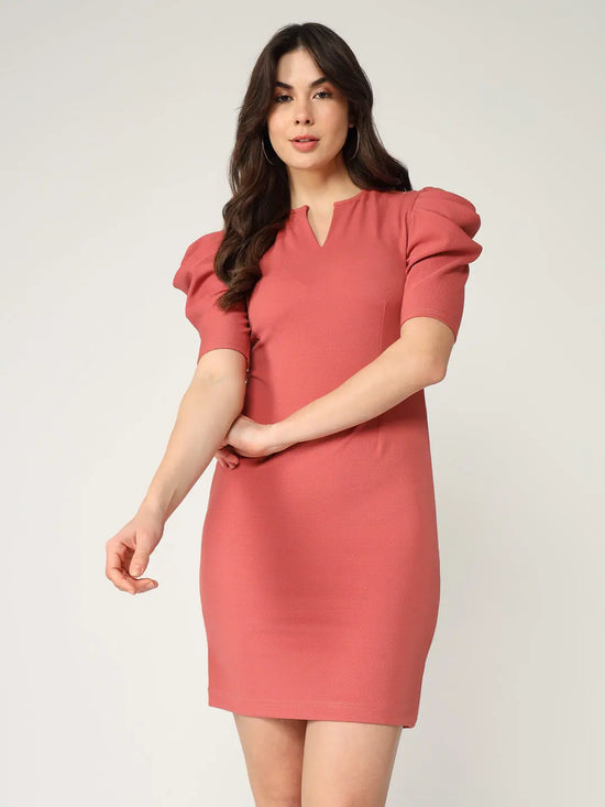 Solid Leg 'O' Mutton Sleeves Fitted Dress