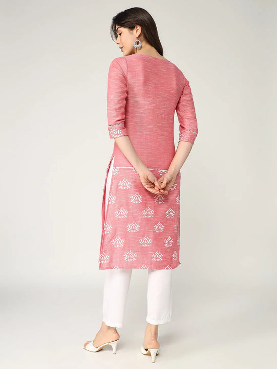 Straight Fit Printed Kurta With Lace At Front Yoke