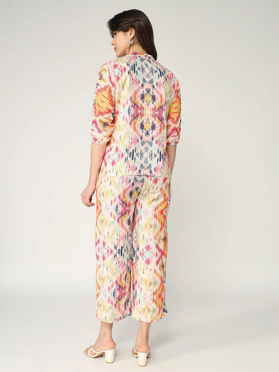 Ikat Digital Printed Loose Shirt With Slit Pant Set