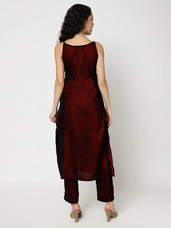 Velvet Embroidered Yoke Strappy Kurta With Straight Pant Set