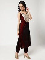 Velvet Embroidered Yoke Strappy Kurta With Straight Pant Set