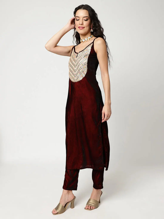 Velvet Embroidered Yoke Strappy Kurta With Straight Pant Set