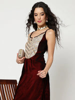 Velvet Embroidered Yoke Strappy Kurta With Straight Pant Set