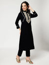 Velvet V-Shape Embroidered Yoke Kurta With Straight Pant Set