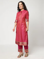 Festive Lace Placket Kurta With Straight Pant And Matching Dupatta Set