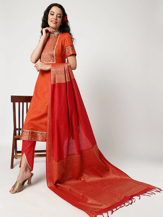 Festive Yoke Kurta With Lace, Straight Pant And Matching Embellished Dupatta Set