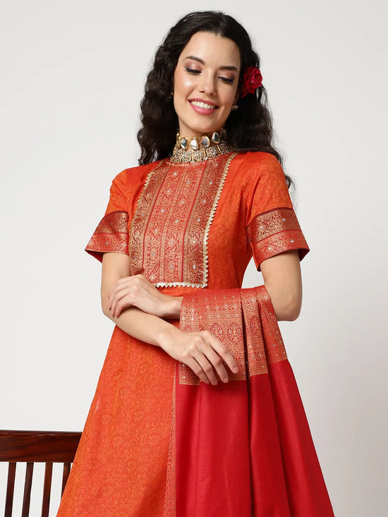 Festive Yoke Kurta With Lace, Straight Pant And Matching Embellished Dupatta Set