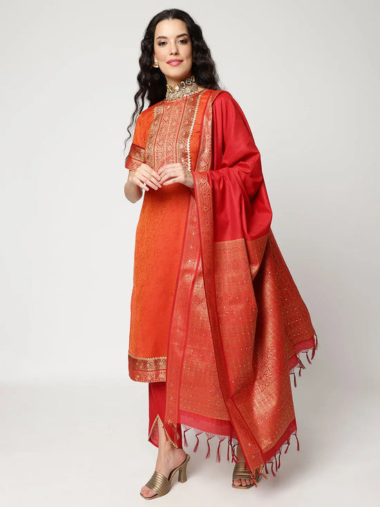 Festive Yoke Kurta With Lace, Straight Pant And Matching Embellished Dupatta Set