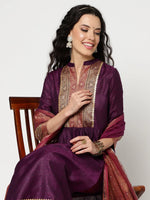 Festive Gathered Waistline Kurta With Straight Pant And Matching Dupatta Set