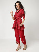 Bandhani Foil Printed Collared Top With Stylish Petal Hemline Pants Set Having Lace Details