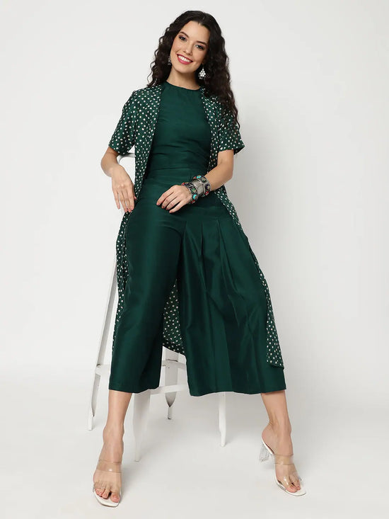 Bandhani Foil Printed Shrug With Solid Crop Top And Matching Pant Set