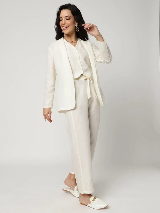 Off White Solid Blazer With Matching Pant Set