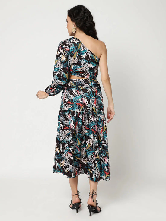 Multicolor Digital Printed One-Shoulder Dress With Waist Cutout