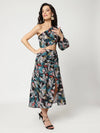 Multicolor Digital Printed One-Shoulder Dress With Waist Cutout