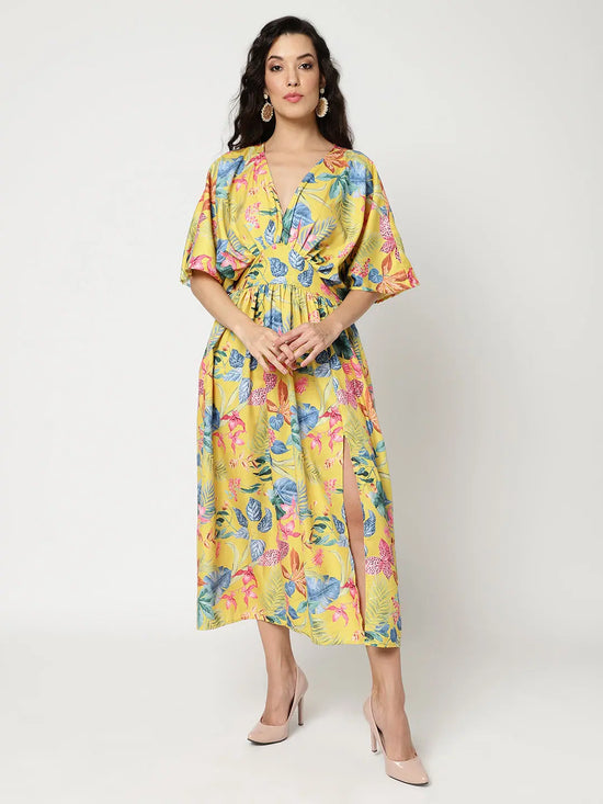 Floral Digital Printed V-Neck Kimono Sleeve Style Dress