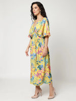 Floral Digital Printed V-Neck Kimono Sleeve Style Dress