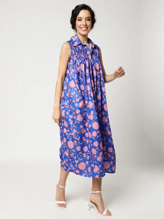 Floral Digital Printed Sleeveless Dress With Gathered Loose Fit