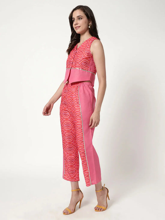 Abstract Digital Printed Waistcoat Top With Pant Set Having Color-Blocking Styling