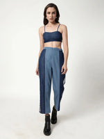 Solid Bralette Top With Color-Blocking Pant Set Having Sequin Patch