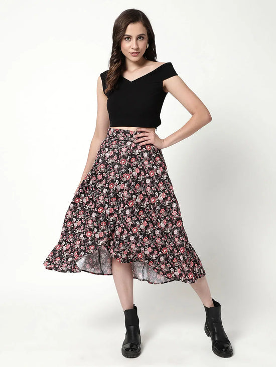 Solid Top With Floral Digital Printed Flared Skirt Set