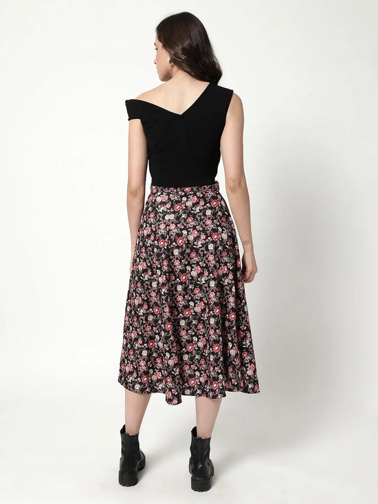 Solid Top With Floral Digital Printed Flared Skirt Set