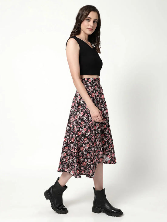 Solid Top With Floral Digital Printed Flared Skirt Set