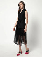 Solid Waistcoat Top With Sheer Flared Skirt Set