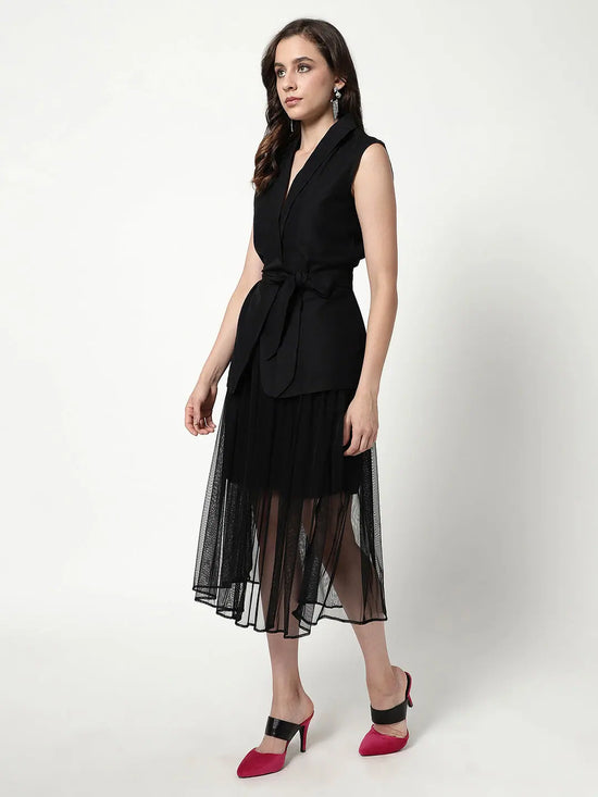 Solid Waistcoat Top With Sheer Flared Skirt Set