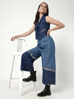 Solid Color-Block Waistcoat Top With Sequin Patch With Stylish Matching Pant Set