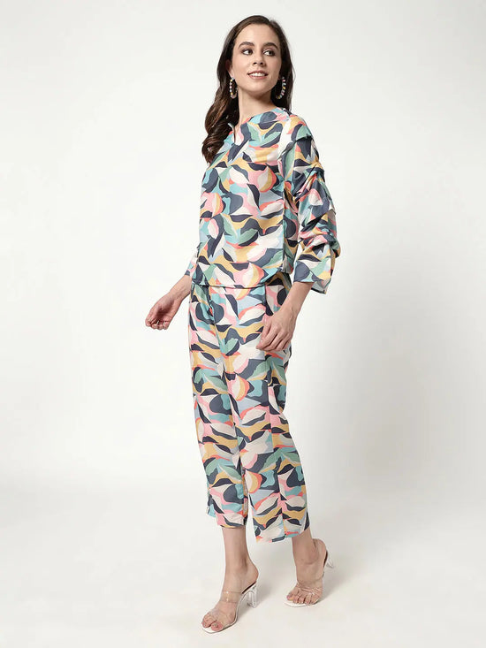 Digital Printed Pleated Top With Pant Set