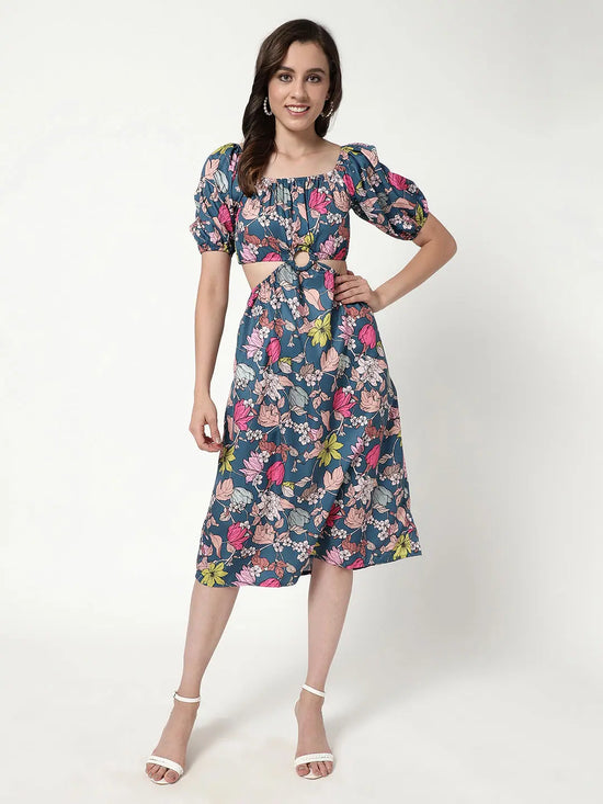 Floral Digital Printed Dress With waist Cut-Out