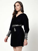 Solid Velvet Overlaping Style Dress With Sequin Belt Tie-Up