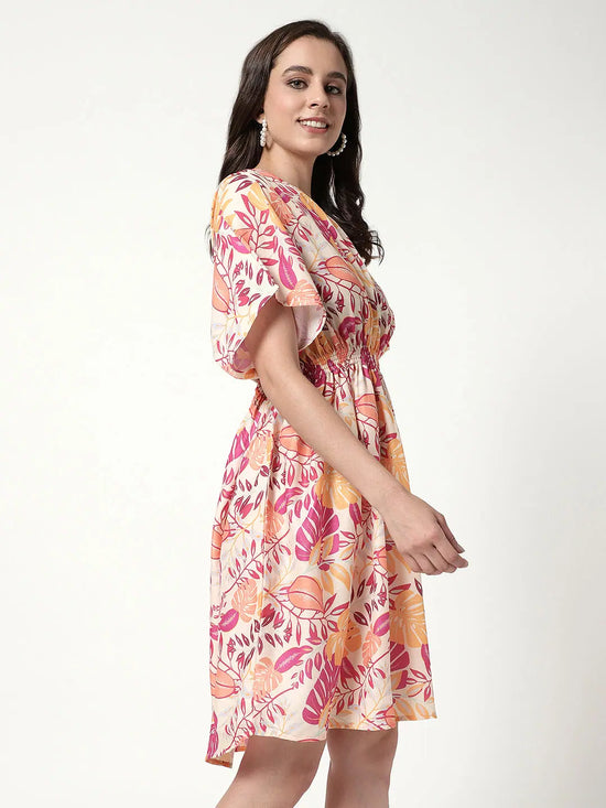 Digital Printed Floral Dress With Elasticated Waistline