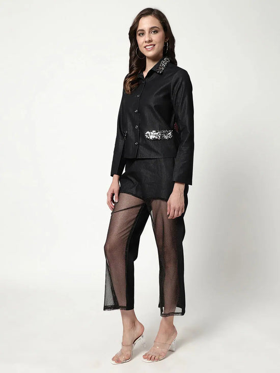 Solid Front Open Collared Blazer With Sequin Patch Detail