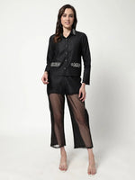 Solid Front Open Collared Blazer With Sequin Patch Detail