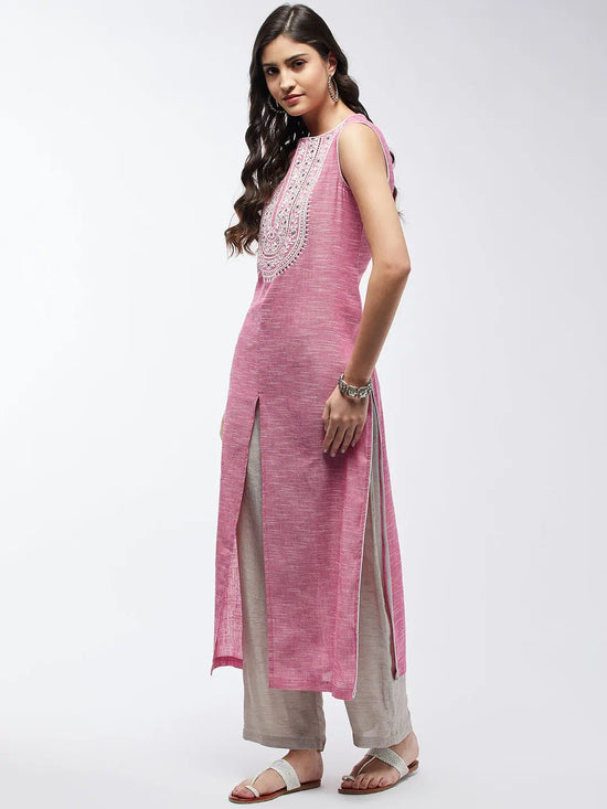 Chambray Embroidered Sleeveless Kurta-PK4485PNK-S