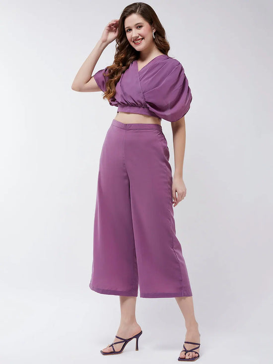 Solid Pleated Top With Matching Pant Set-ZLCO10050PRPL-XS