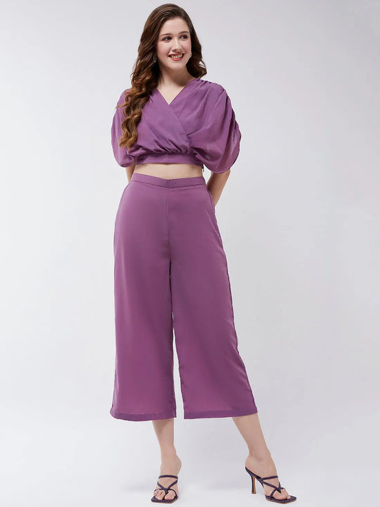 Solid Pleated Top With Matching Pant Set-ZLCO10050PRPL-XS