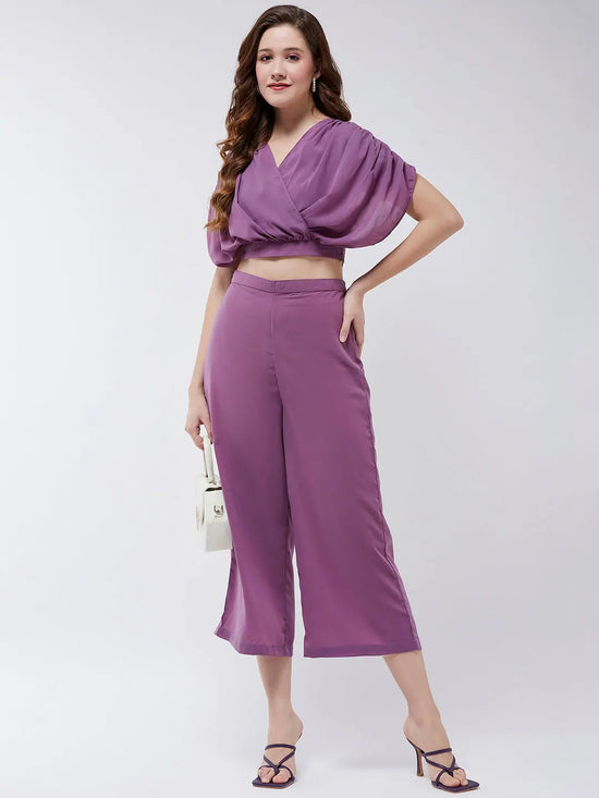 Solid Pleated Top With Matching Pant Set-ZLCO10050PRPL-XS