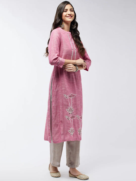 Chambray Floral Embroidered Kurta-PK4484PNK-S