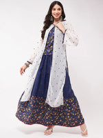 Mughal Printed Top With Skirt And Embroidered Shrug-PKC10074NVY-S