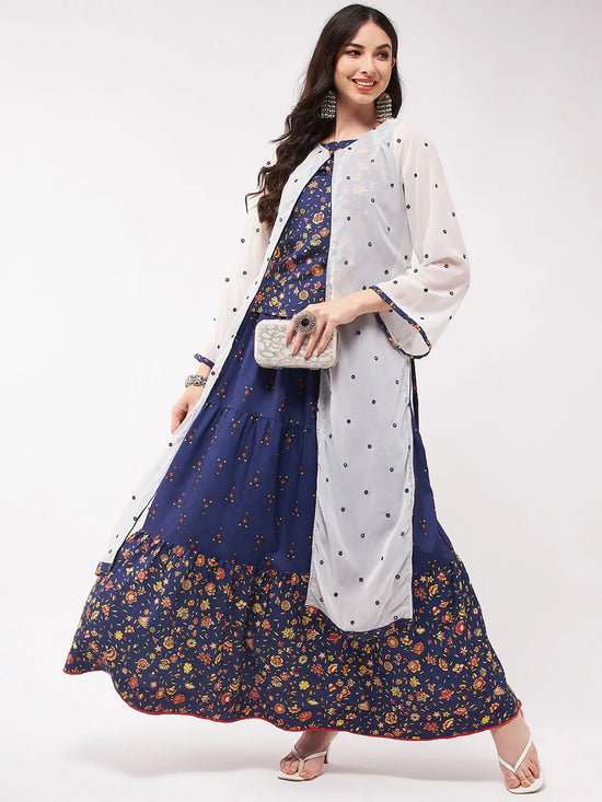 Mughal Printed Top With Skirt And Embroidered Shrug-PKC10074NVY-S