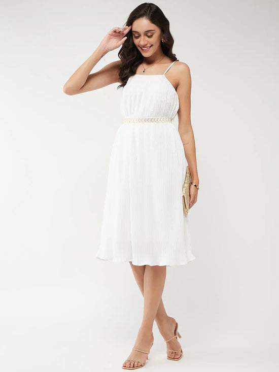 Solid Pleated Strappy Dress-ZL8291WHT-XS